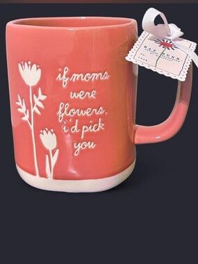 Rae Dunn Coral Ceramic Mug with White Floral Relief and Sentimental Quote